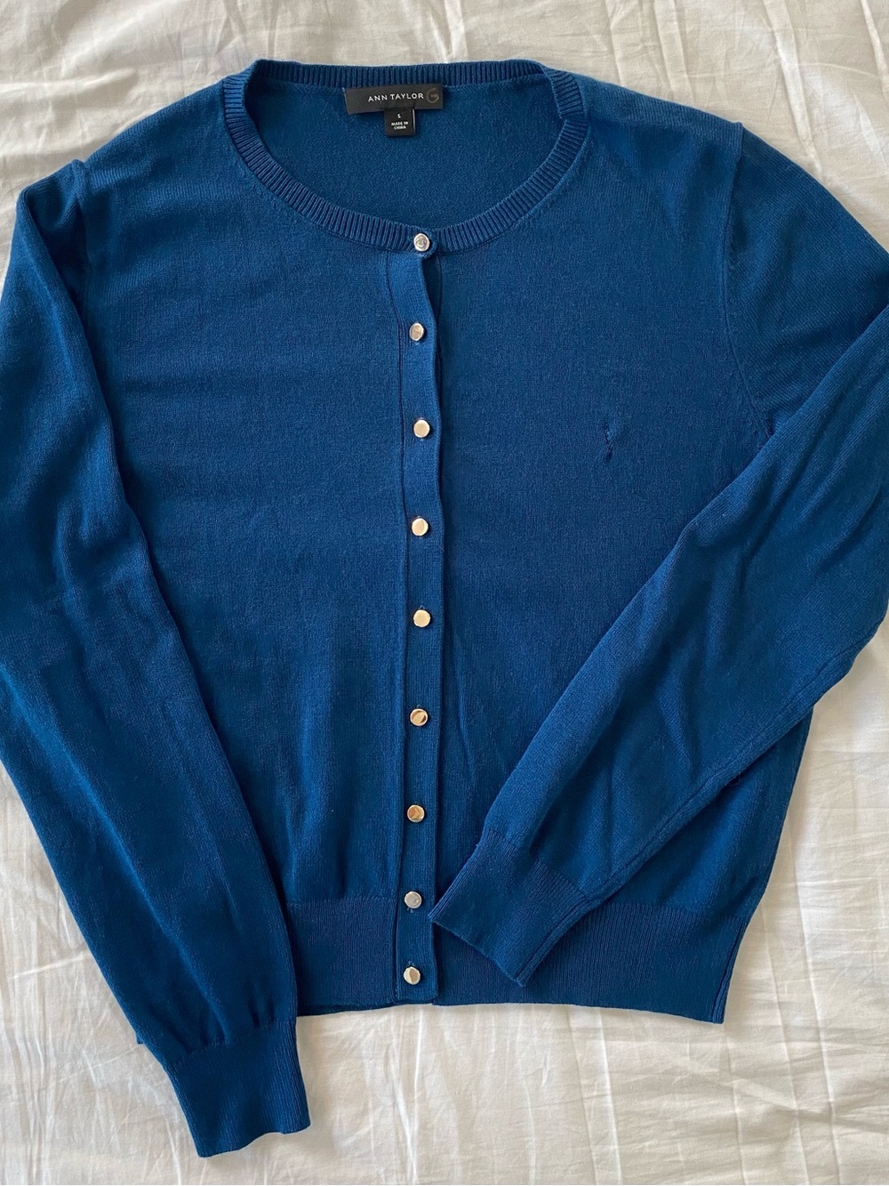 Ann Taylor Blue Button-Front Crewneck Cardigan